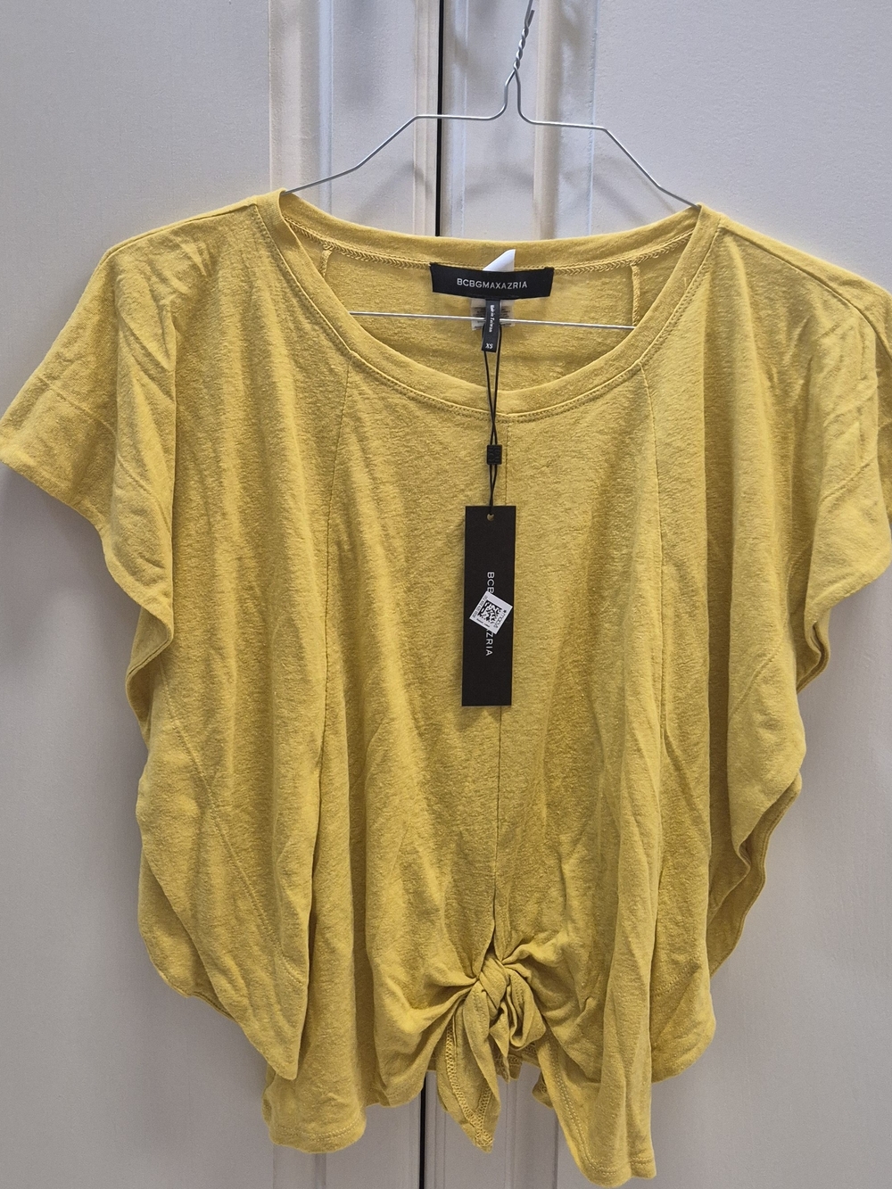 BCBGMaxAzria Mustard Yellow Twist-Front Short Sleeve Tee